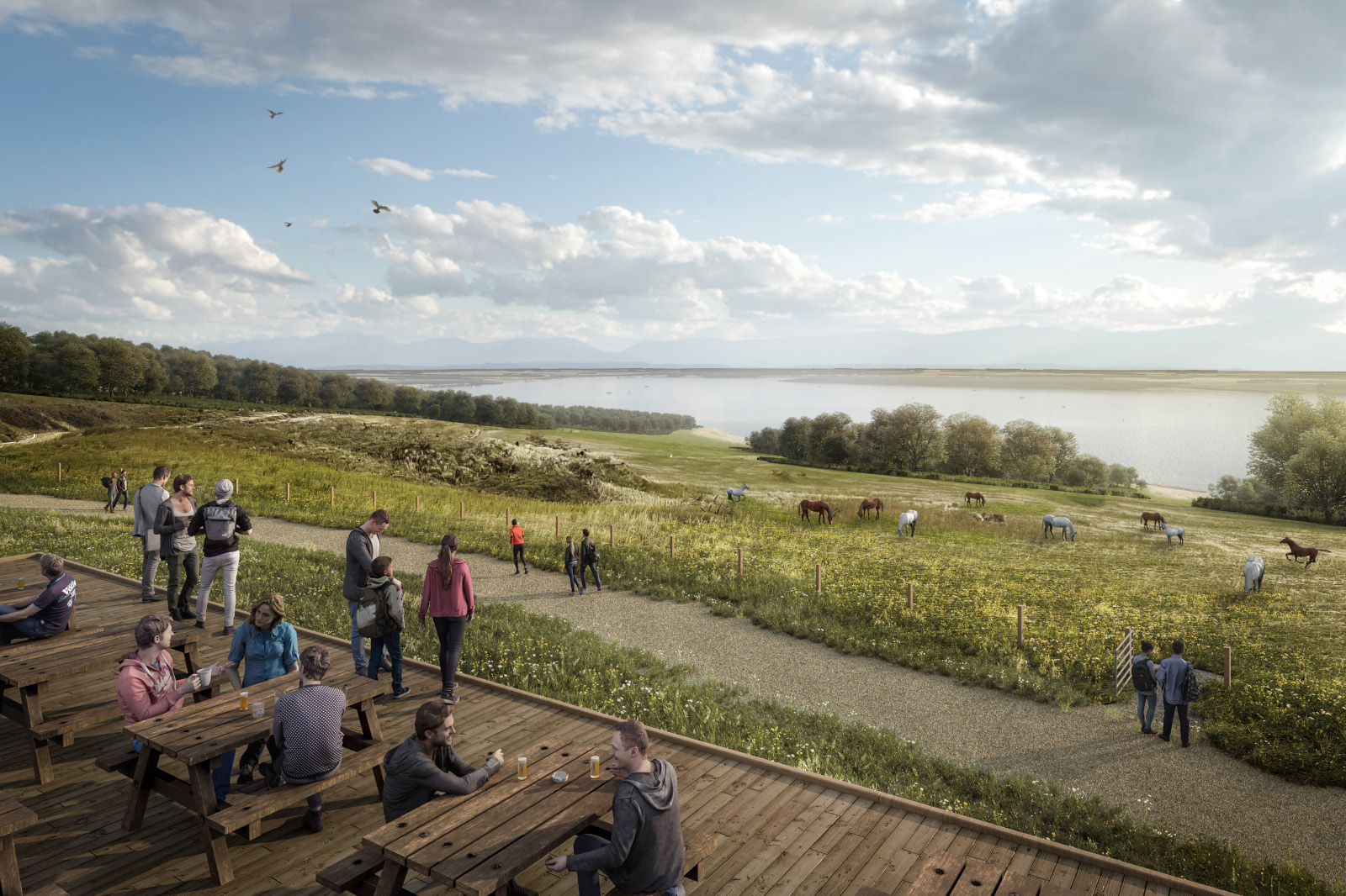Eine malerische Aussicht auf einen Park mit Menschen, die im Freien speisen und Pferden, die auf einer üppigen Wiese grasen.