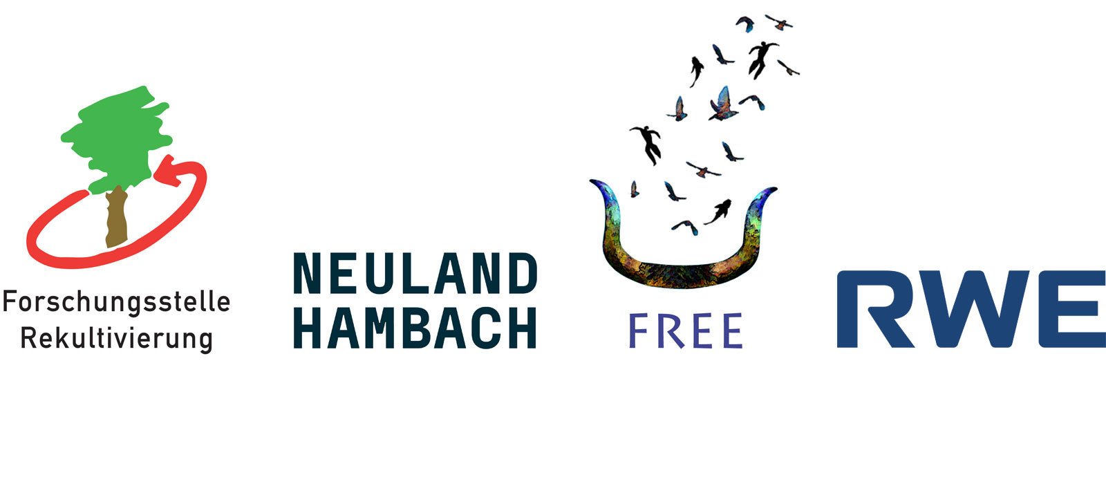 Eine Logokollage mit 'Forschungsstelle Rekultivierung', 'NEULAND HAMBACH', einem bunten Horn und 'RWE'.