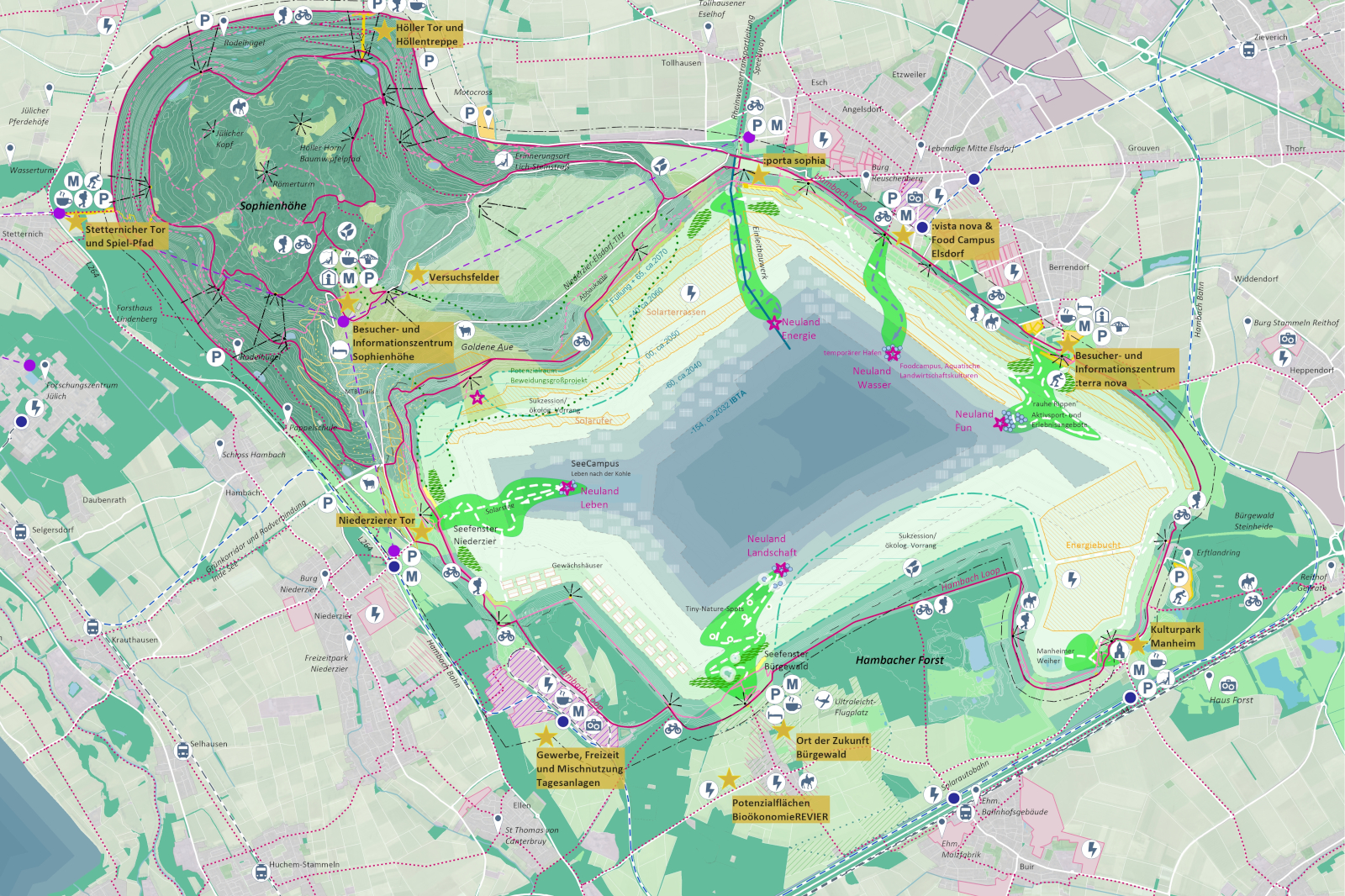 Karte eines Parks mit verschiedenen Wegen, Informationszentren und Annehmlichkeiten wie Parkplätzen und Fahrradwegen.