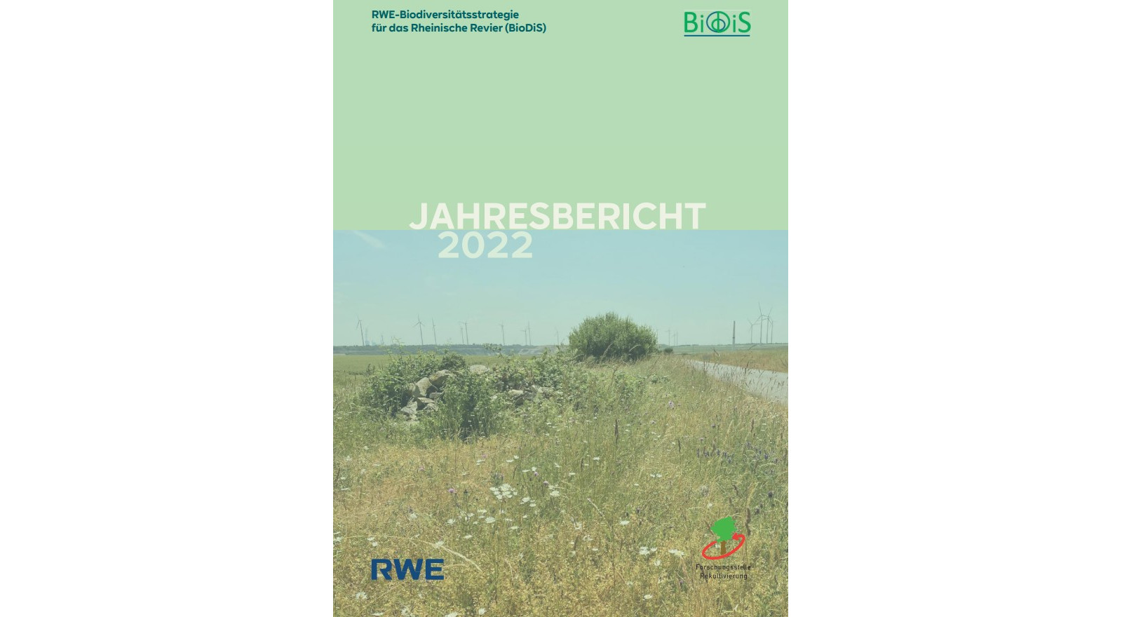 Ein grüner Jahresbericht mit dem Titel 'JAHRBERICHT 2022', der eine Landschaft mit einem grasbewachsenen Weg und Windkraftanlagen im Hintergrund zeigt.