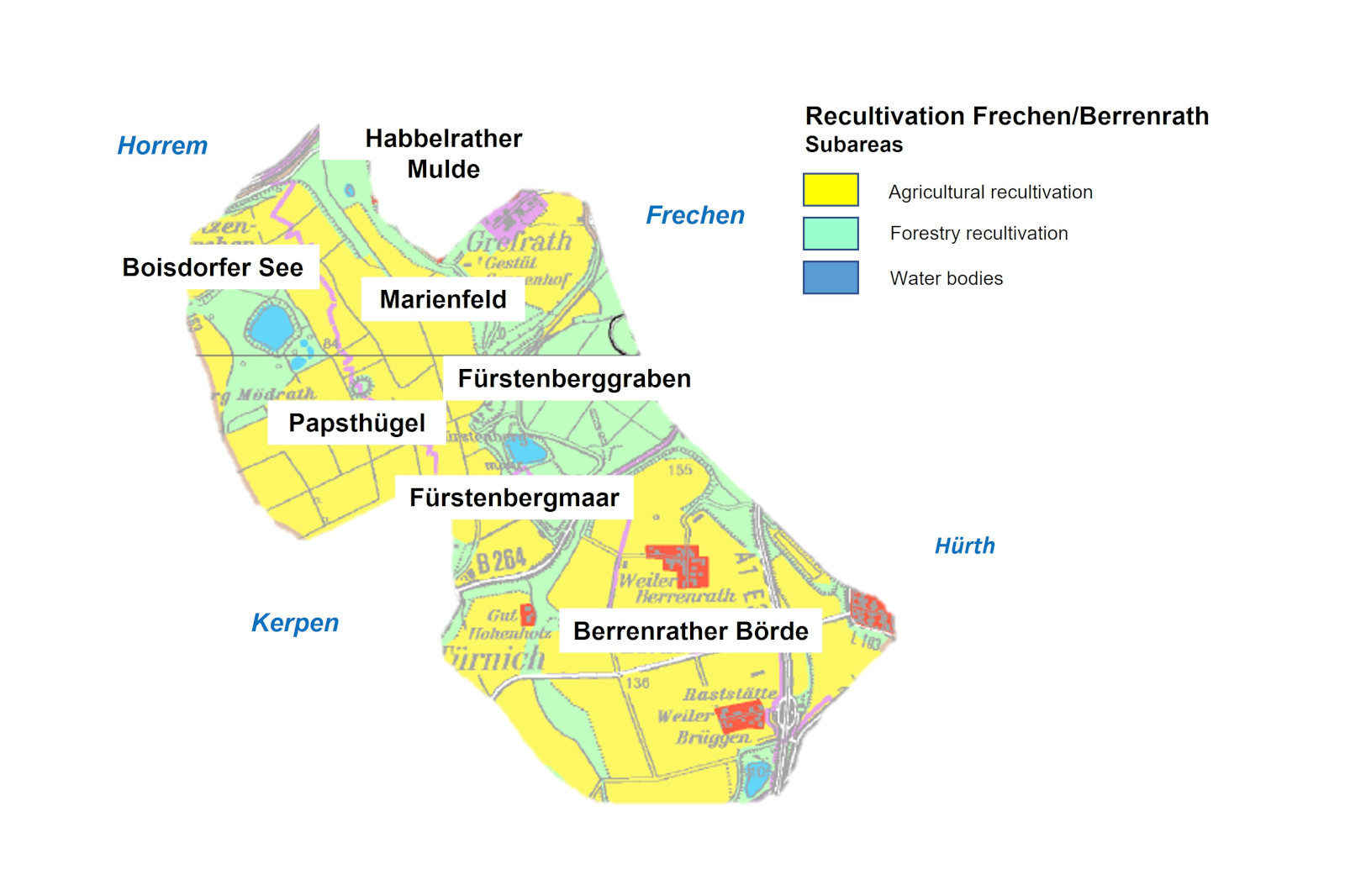 A map displays the Recultivation Frechen/Berrenrath with subareas, highlighting water bodies, agricultural and forestry areas.